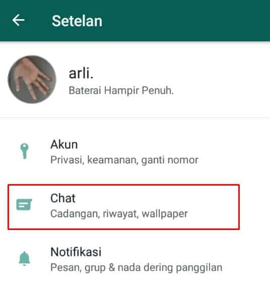 Masuk menu chat pada setelan whatsappp
