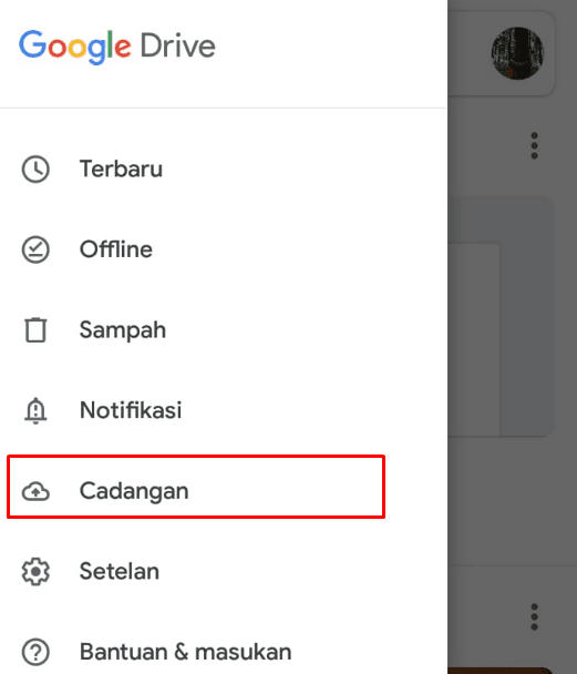 Pilih menu cadangan pada google drive
