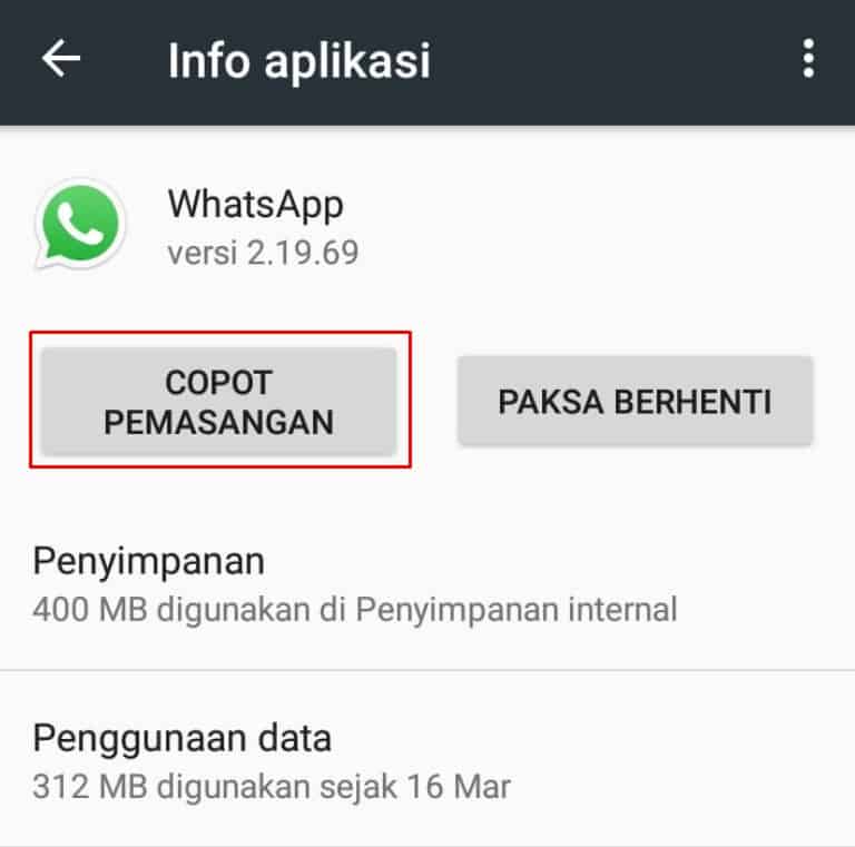uninstall aplikasi WhatsApp